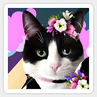 Black and White Cat with a Flower Tiara and Colourful Background. Sticker